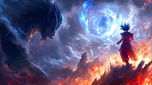 Fiery warrior confronts colossal spectral beast below swirling portal