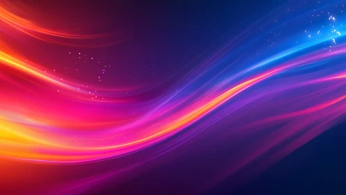 Vibrant neon light trails curve across deep blue gradient