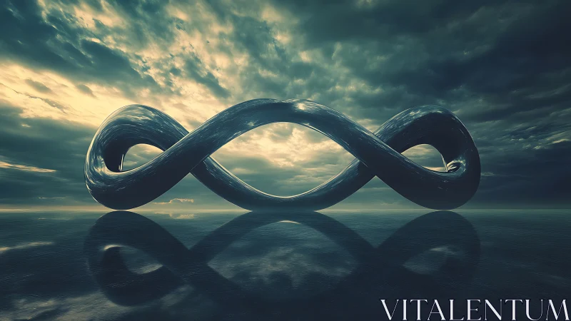 Reflective metallic infinity loop over stormy mirrored seascape