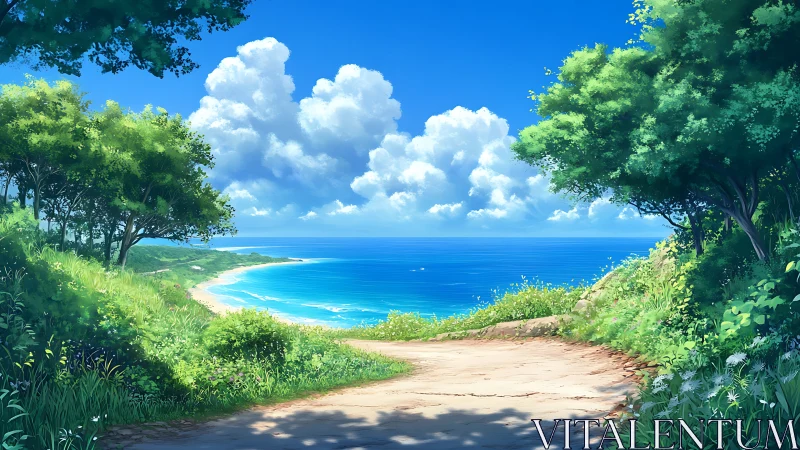 Coastal path overlooks curved shoreline and distant horizon