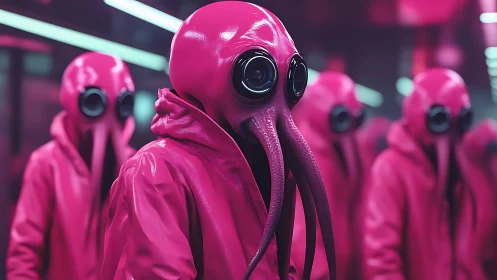 Neon cephalopod sentinels stroll through a glowing subway dream