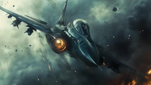 Stealth tactical jet in high-speed bank through explosive clouds