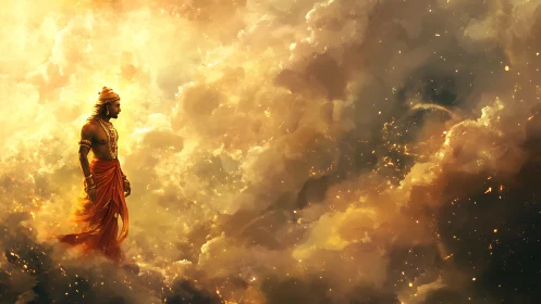 Mythic warrior strides through incandescent celestial storm