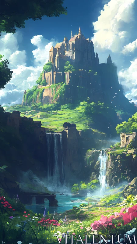 Fortified cliffside citadel above tiered waterfall basin.