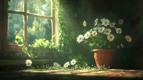 Potted daisies sit by a sunlit window in soft focus