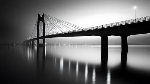 Cable-stayed bridge spans calm water in misty night light