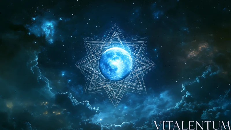 Luminous blue planet encircled by geometric astral star lattice