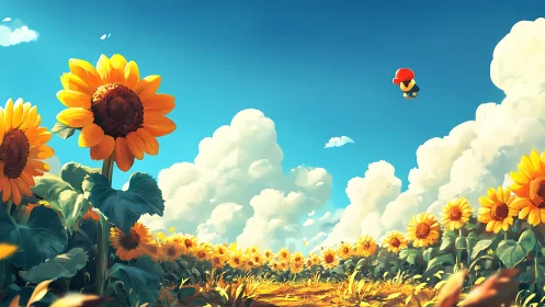 Digital painting of sunlit sunflower field with stylized figure.