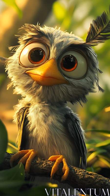 Stylized cartoon bird perched on branch in soft daylight.