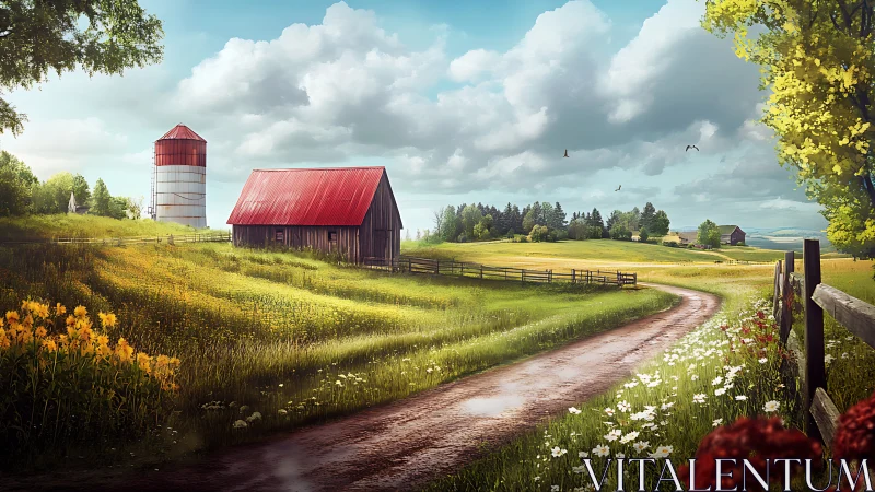 Rural farmland landscape with barn, silo and dirt roadway.