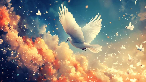 Soaring white dove glides gently through glowing sunset clouds