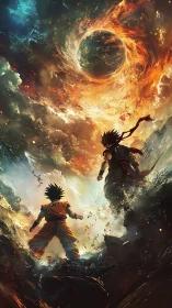 Cosmic duel beneath a burning sky of swirling worlds.