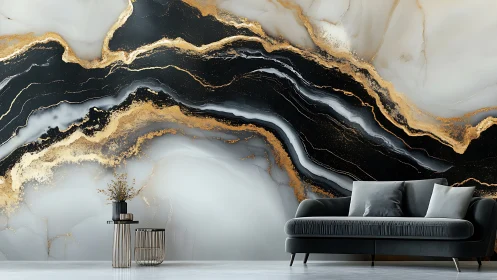 Black gold marble wall mural behind modern gray sofa.
