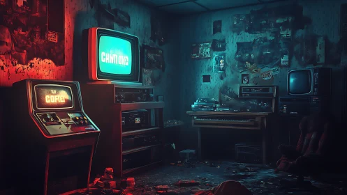 Retro gaming room with arcade cabinet and vintage TVs.
