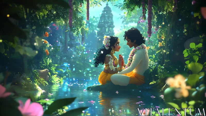 Romantic couple in enchanted jungle pond of soft light.