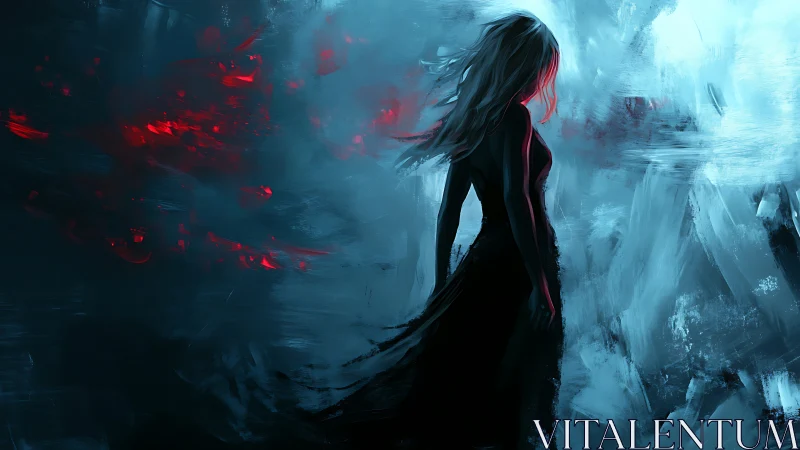 Luminous shadow girl wandering through frost and ember storms.