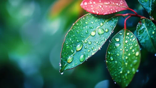 Rain-kissed leaves glowing with emerald and ember calm.