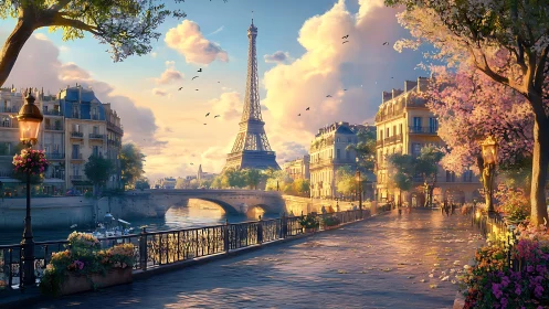 Golden hour Paris riverside glows around Eiffel Tower