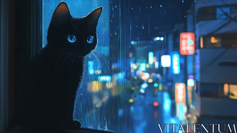 Midnight city glows while a blue-eyed shadow cat listens to rain