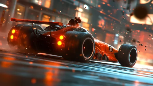 Futuristic red race car accelerates through neon city street