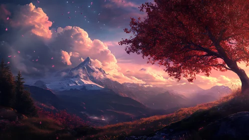 Digital painting of crimson tree against alpine dusk panorama.