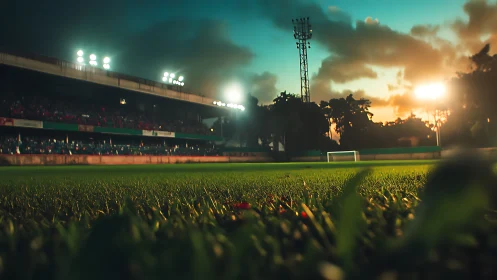 Floodlit football stadium field at dusk from ground level.