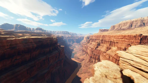River carves a sunlit canyon corridor between blazing mesas