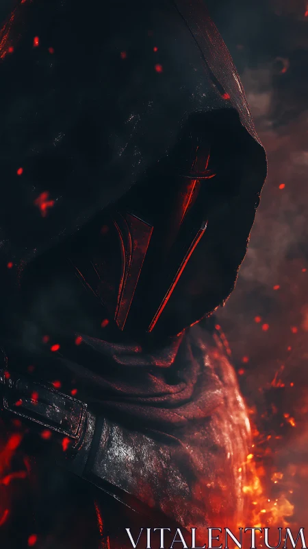 Hooded armored figure stands in glowing red embers and smoke