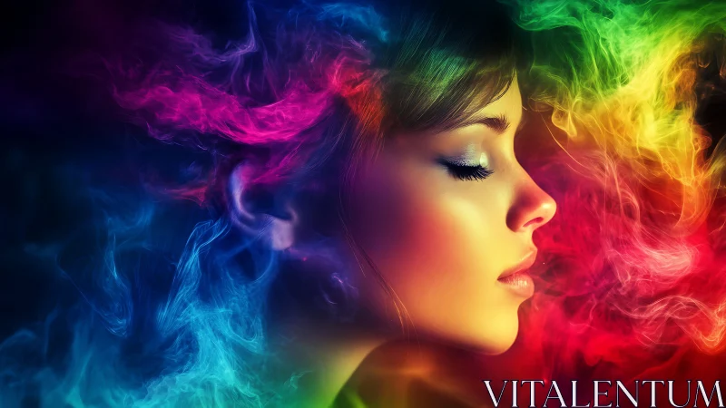 Surreal side profile amid swirling neon color clouds.