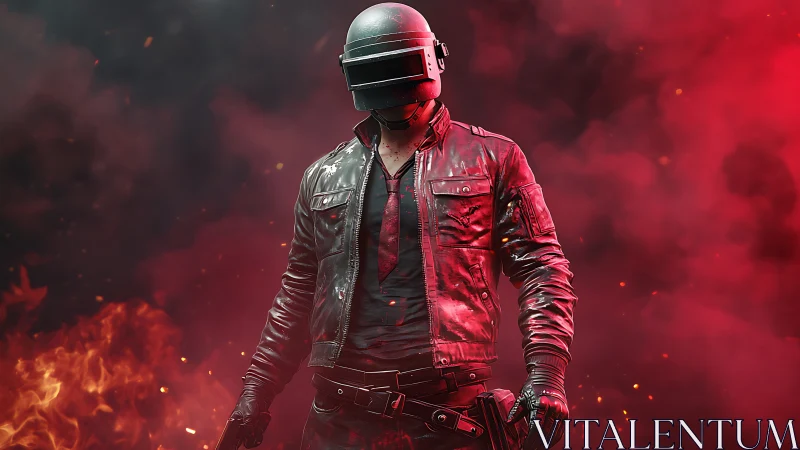 Armored soldier stands in red smoke with surrounding flames