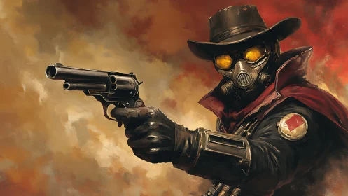 Post‑apocalyptic gunslinger aiming revolver in burning haze.