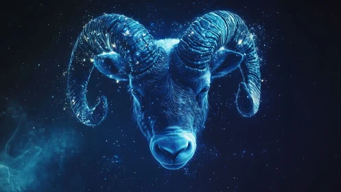 Celestial ram head in luminous blue digital rendering.