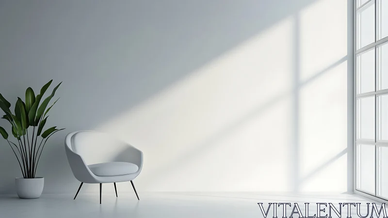 Sunlit white lounge chair in minimalist interior corner.