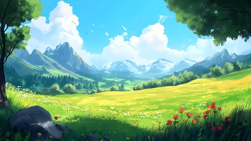 Sunlit alpine meadow under vivid blue summer sky.