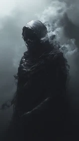 Hooded skeletal figure in dark smoke filled atmospheric void.