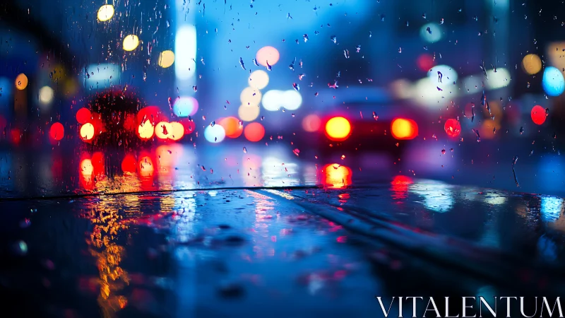 Nocturnal city traffic defocused through rain-streaked glass.