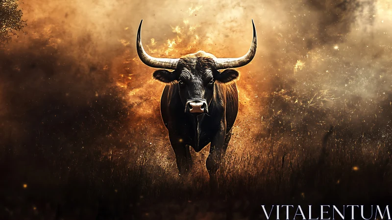Charging horned bull strides through blazing golden haze.
