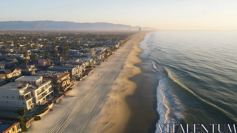 Sunlit beachfront neighborhood embracing a calm morning shore.
