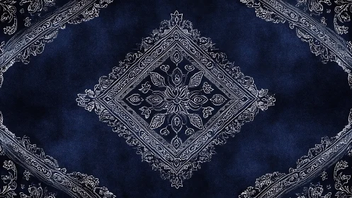 Indigo bandana textile with ornate white paisley medallion.