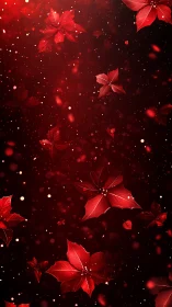 Red poinsettia petals floating on dark festive background.