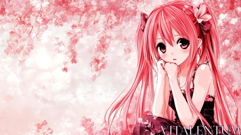 Anime girl sits beneath stylized pink foliage background