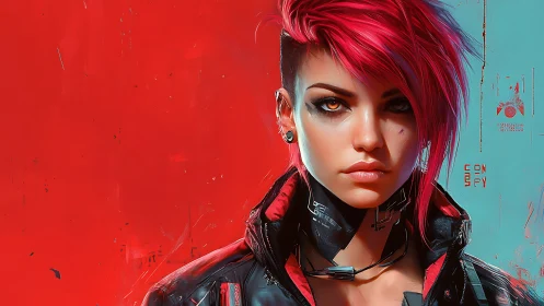 Striking cyberpunk heroine stands bold against vivid colors