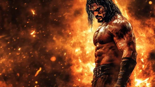 Muscular warrior amid blazing inferno, cinematic intensity.