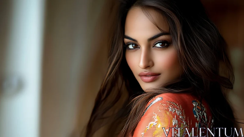 Close-up portrait of woman in embroidered orange garment.