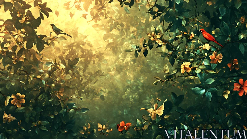 Digital illustration shows dense foliage with two perched birds