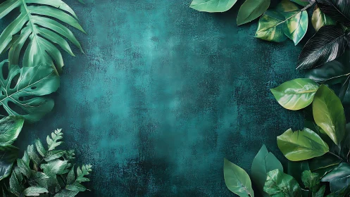 Lush green leaves framing a tranquil teal textured backdrop.