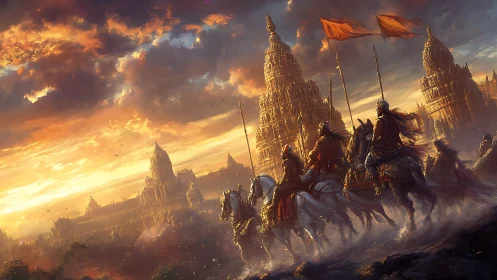 Sunset riders storm a mythic citadel of towering spires.