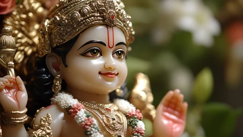 Ornate child deity sculpture rendered in shallow depth of field