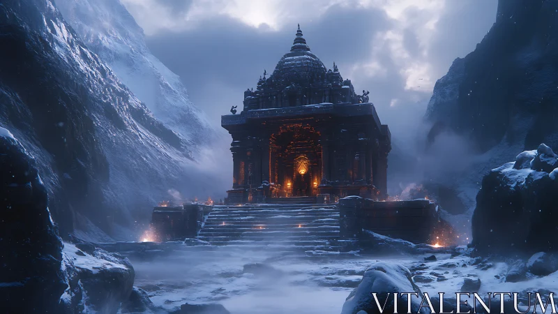 Ancient mountain temple glows with warm fire in icy twilight