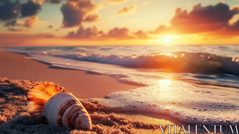 Golden sunset waves gently frame a shell along the shore